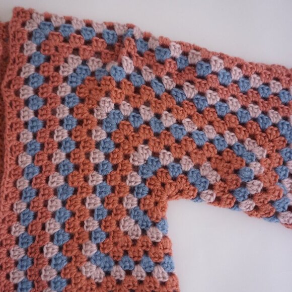 Handmade Crochet Granny Square Cardigan Dusty Rose & Blue Balletcore Sweater S - Picture 6 of 11